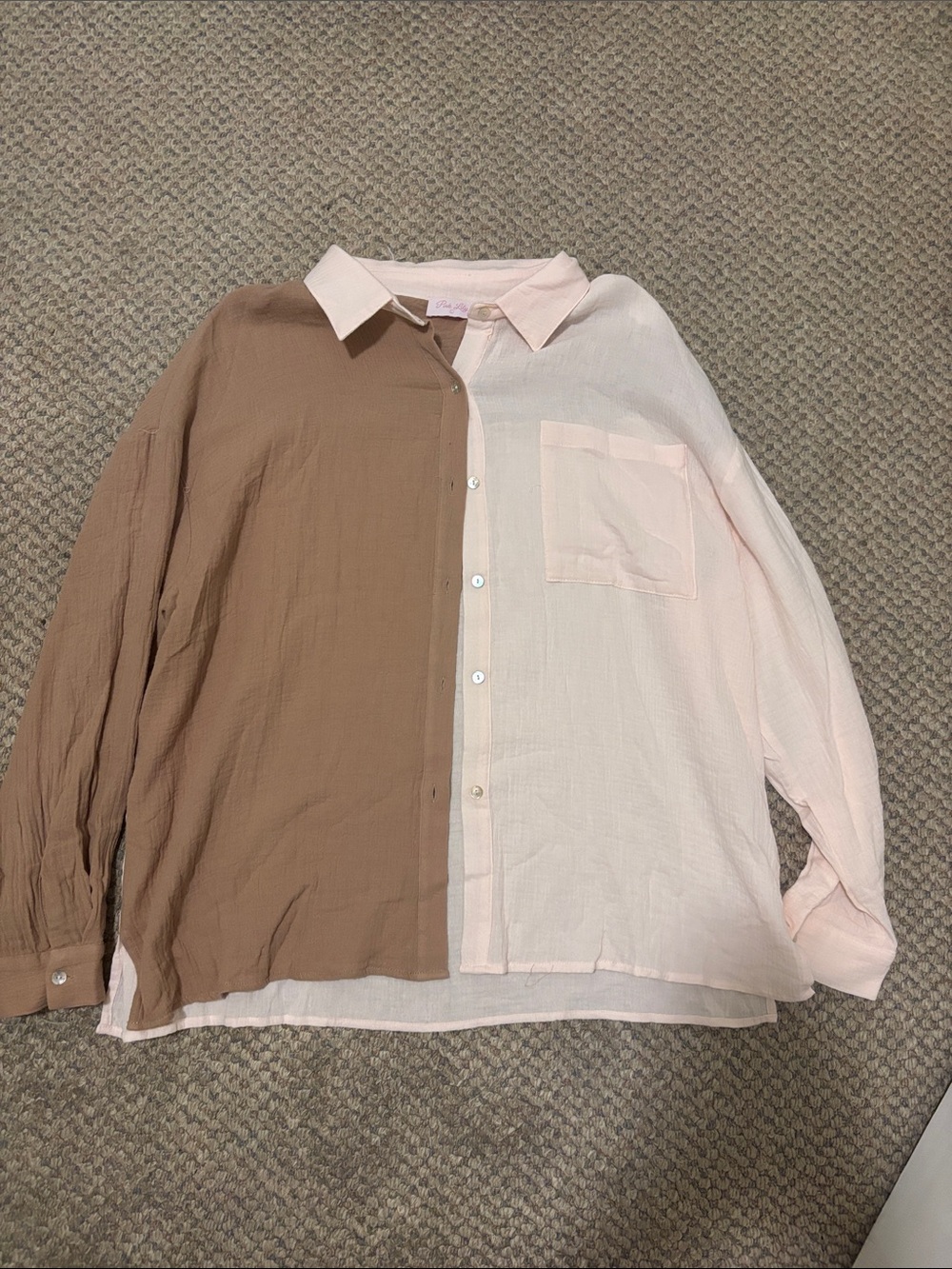 Pink Lily Two-Tone Collared Shirt in Pale Pink and Brown